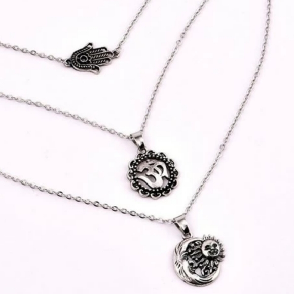 Silver Hamsa Om Moon Sun Charm Necklace - Picture 5 of 5